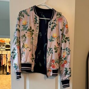 Reversible Floral Pink/Navy Parrot Print Satin Bomber Jacket - Pink